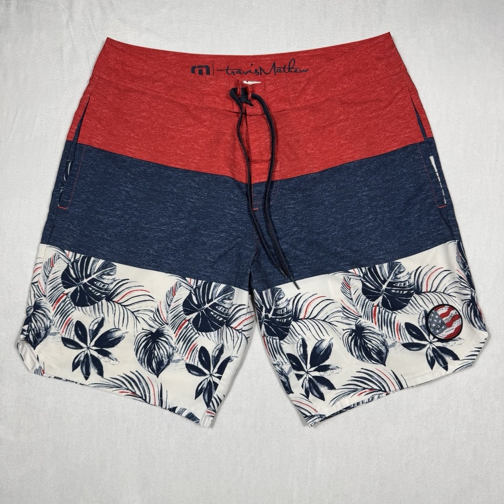 Travis Mathew Board Shorts Mens 34in Waist Red White‎ Blue Hawaiian Swim Trunks